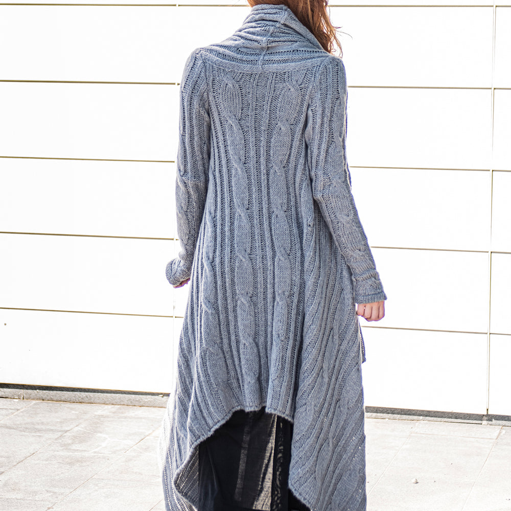 
                      
                        Long Asymmetrical Knit Cardigan with Draped Front, VisibleArtShop
                      
                    