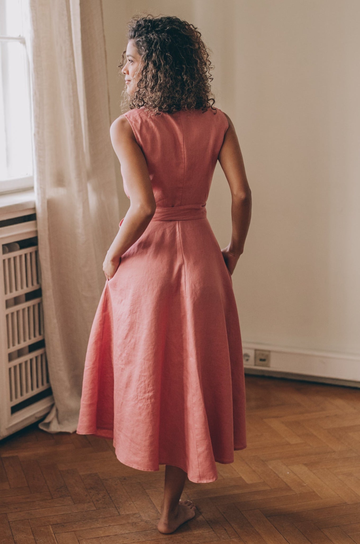 Sleeveless Linen A-Line Dress with Tie Waist, Summer Linen Dress, Linen Wrap Dress, Linen Midi Dress, Pink Linen Dress for Women, Linen Clothing, L