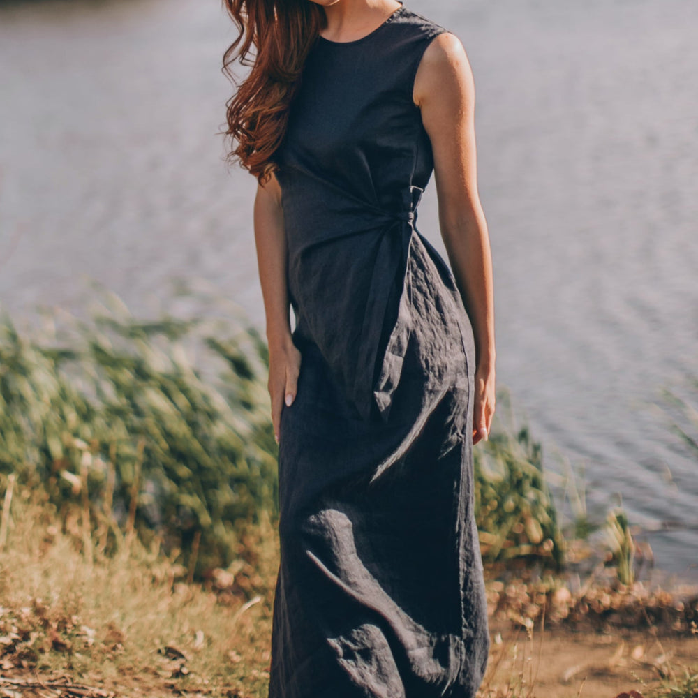 
                      
                        Long Linen Dress with Ruched Waist, VisibleArtShop
                      
                    