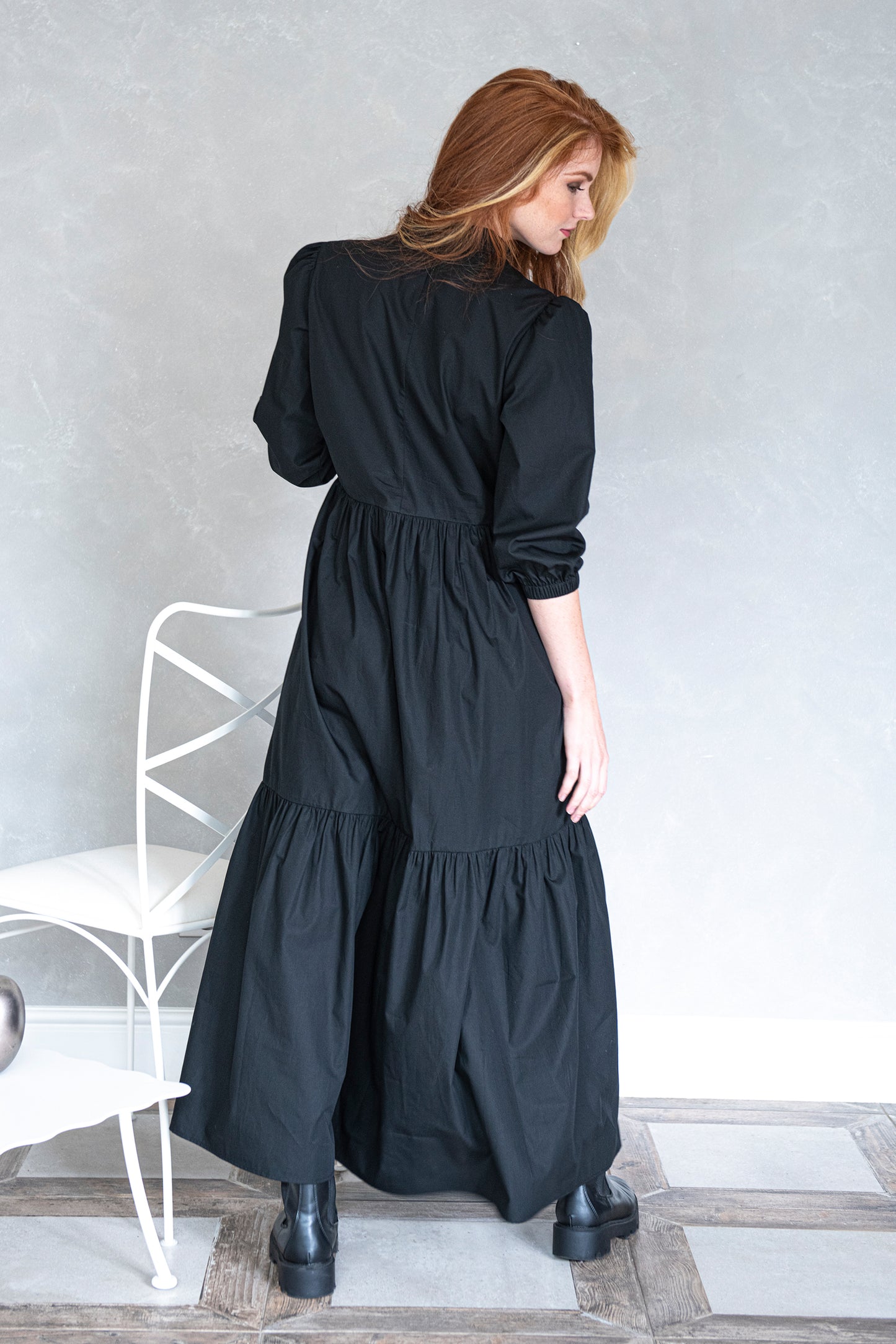 Black Maxi Dress, Tiered Cotton Maxi Dress, Puff Sleeve Maxi Dress, Classic Dress, Autumn Dress for Women,Maxi Elegant Dress, Black Kaftan, 3Xl / Dark