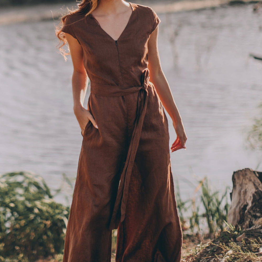 Wide Leg Linen Jumpsuit with Tie Belt, VisibleArtShop