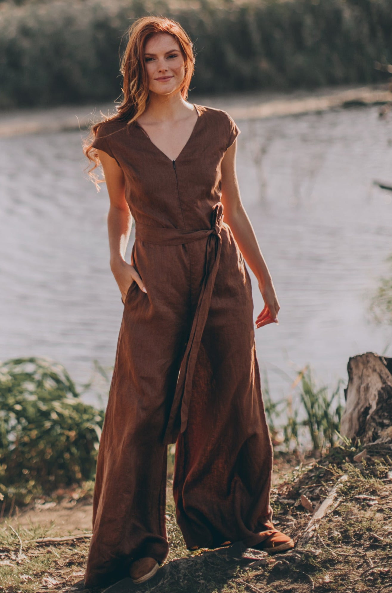 Wide Leg Linen Jumpsuit with Tie Belt - VisibleArtShop