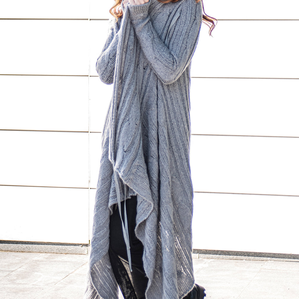 Long Asymmetrical Knit Cardigan with Draped Front - VisibleArtShop