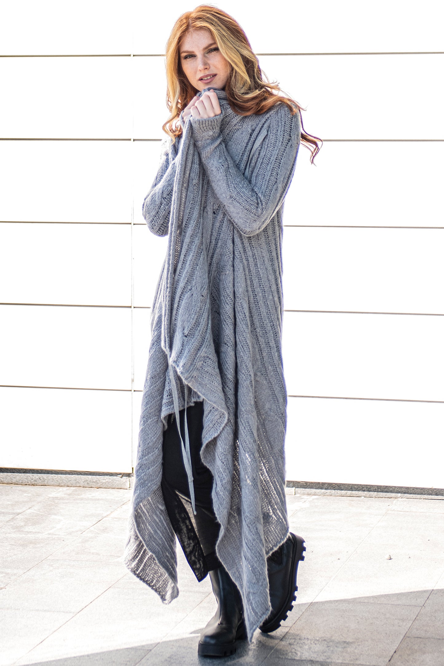 Long Asymmetrical Knit Cardigan with Draped Front - VisibleArtShop