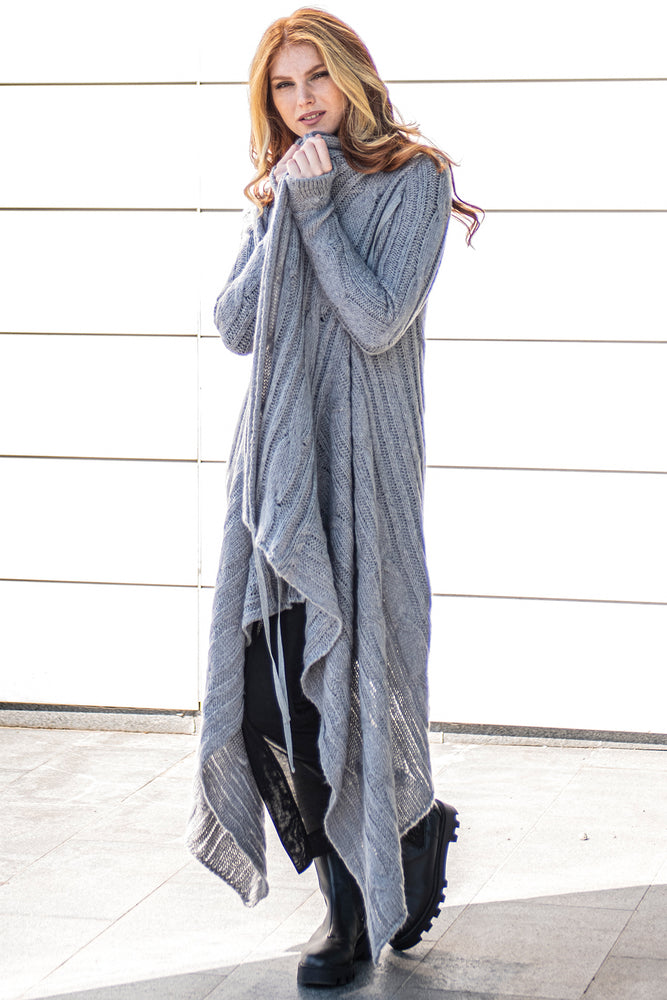 Long Asymmetrical Knit Cardigan with Draped Front - VisibleArtShop