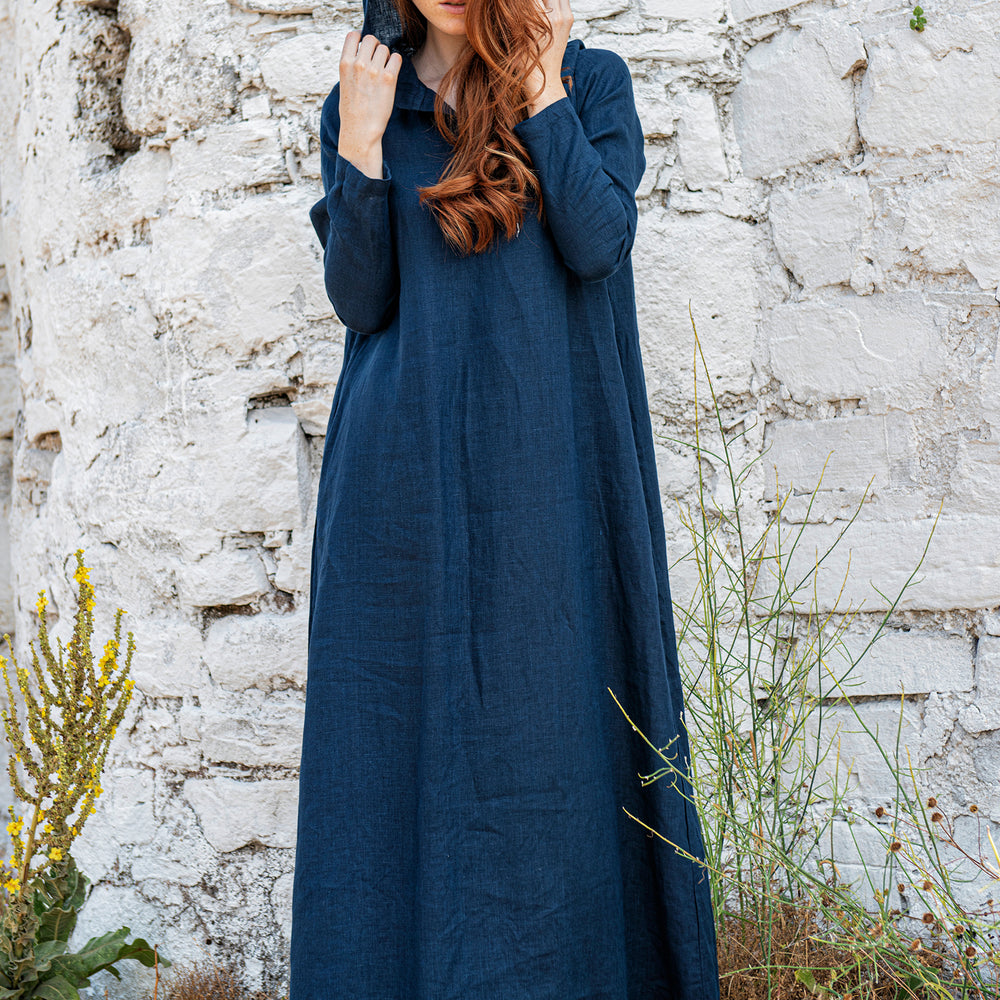 Long Sleeve Hooded Linen Dress - VisibleArtShop