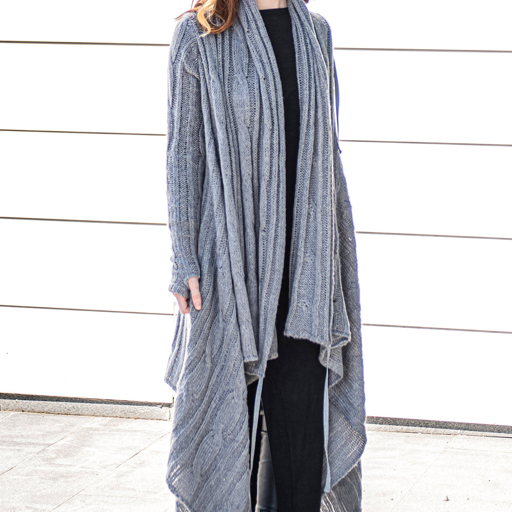 
                      
                        Long Asymmetrical Knit Cardigan with Draped Front, VisibleArtShop
                      
                    