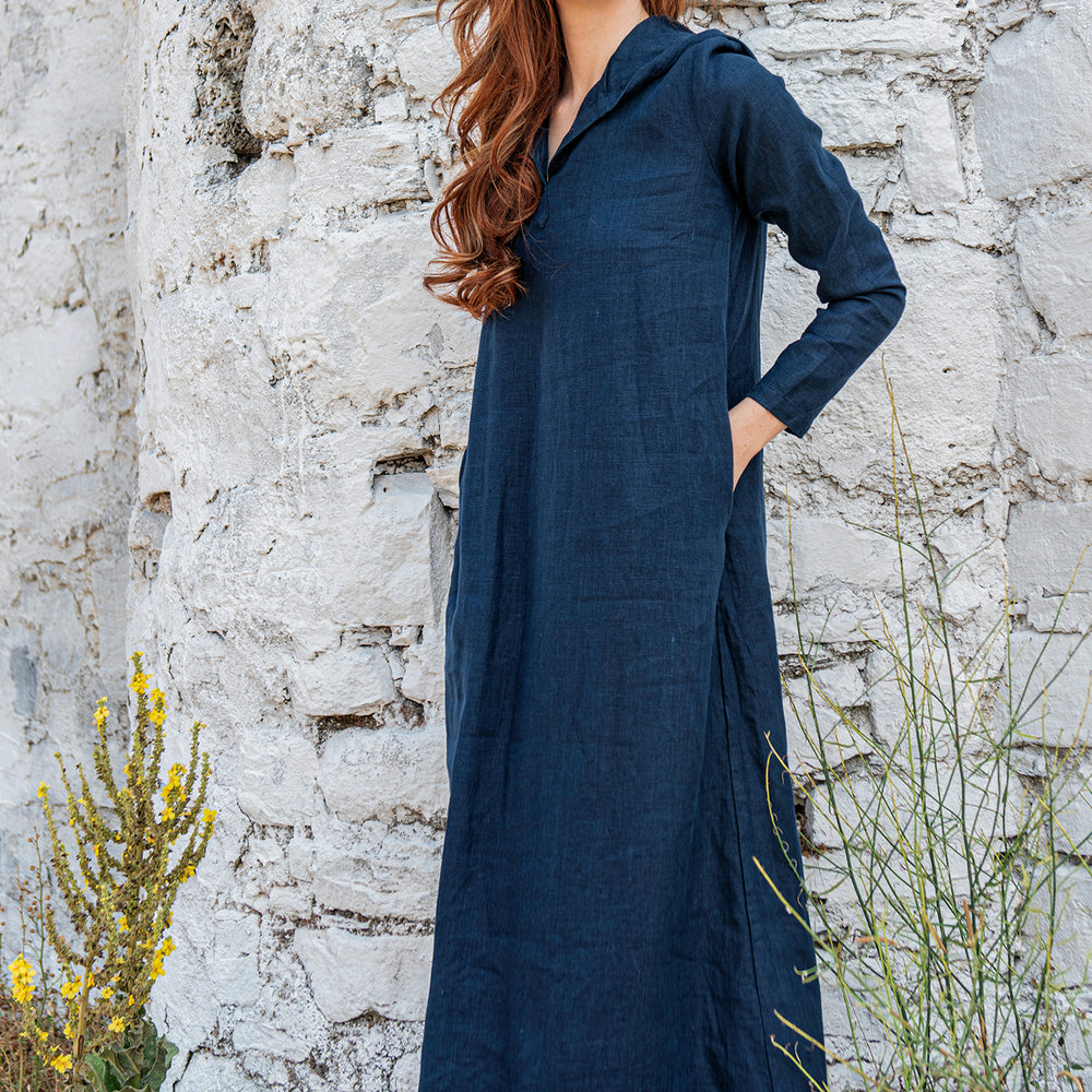 Long Sleeve Hooded Linen Dress - VisibleArtShop