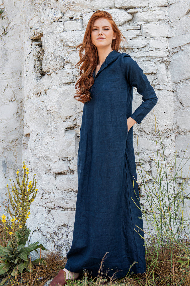 Long Sleeve Hooded Linen Dress - VisibleArtShop