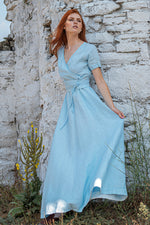 Linen Wrap Dress in Light Blue - VisibleArtShop