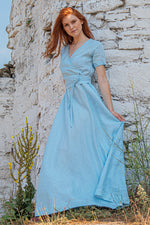 Linen Wrap Dress in Light Blue - VisibleArtShop