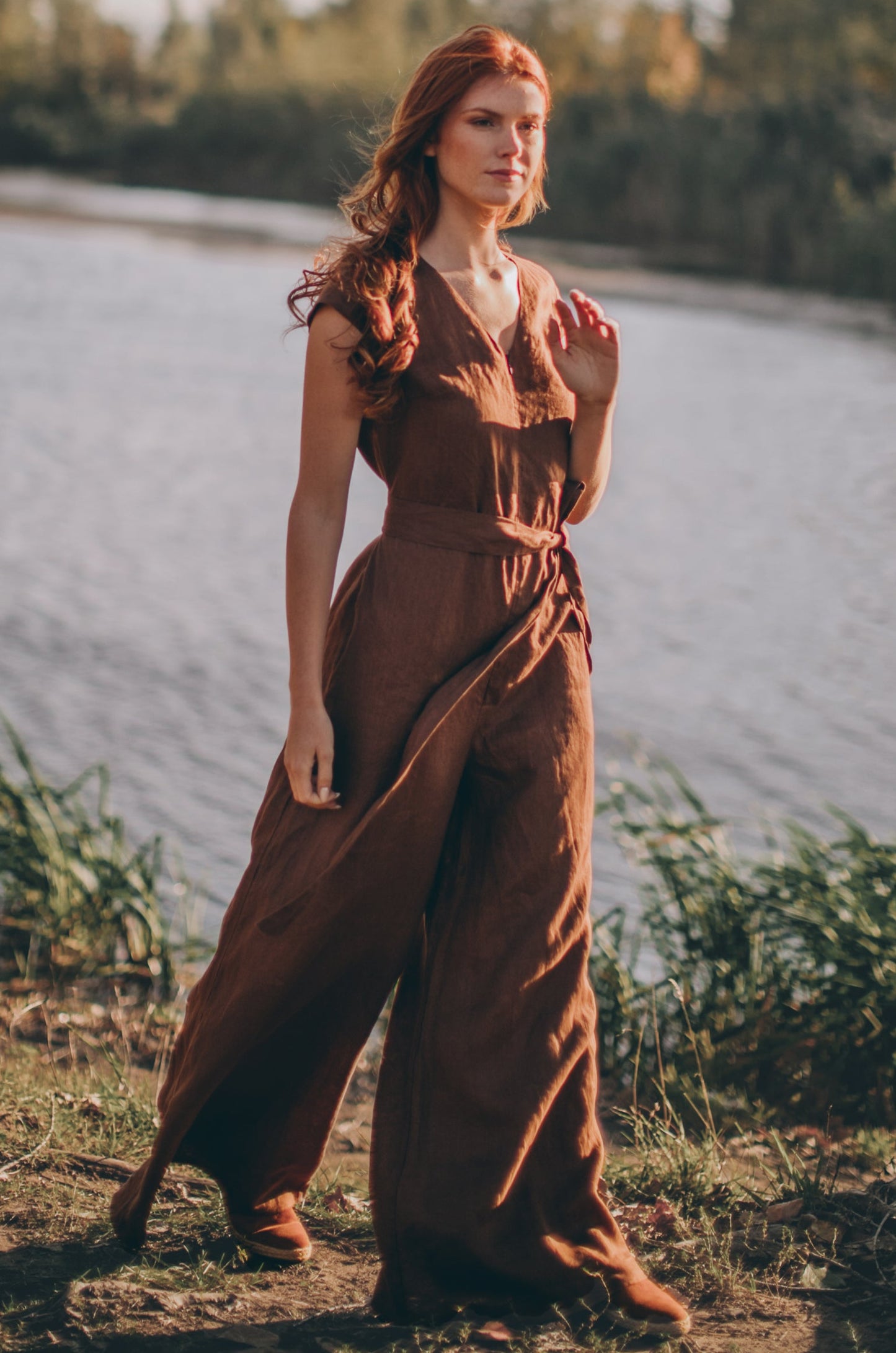 Wide Leg Linen Jumpsuit with Tie Belt - VisibleArtShop