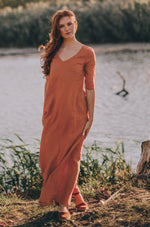 Sleeved Linen Maxi Dress-VisibleArtShop