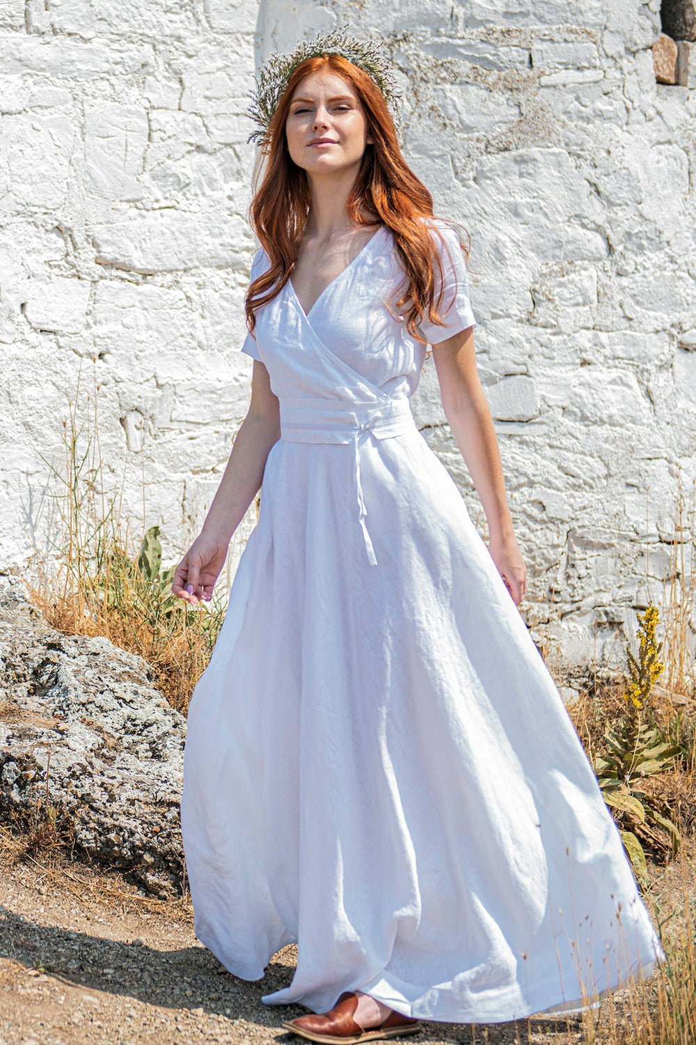 Linen Wrap Dress in White, Linen Wedding Dress, Linen Clothing for Women, 2XL / Light Blue