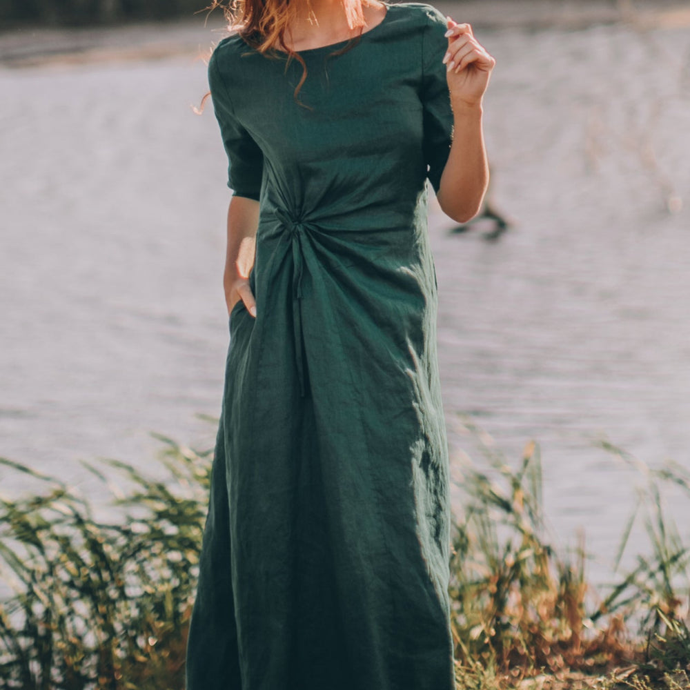 
                      
                        Sleeved Linen Dress with Ruched Waist
                      
                    