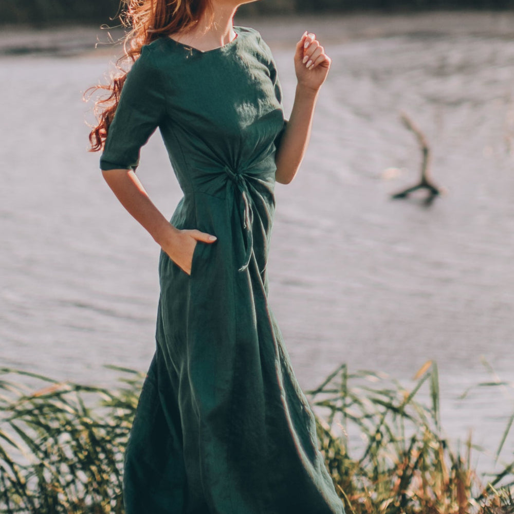 
                      
                        Sleeved Linen Dress with Ruched Waist
                      
                    