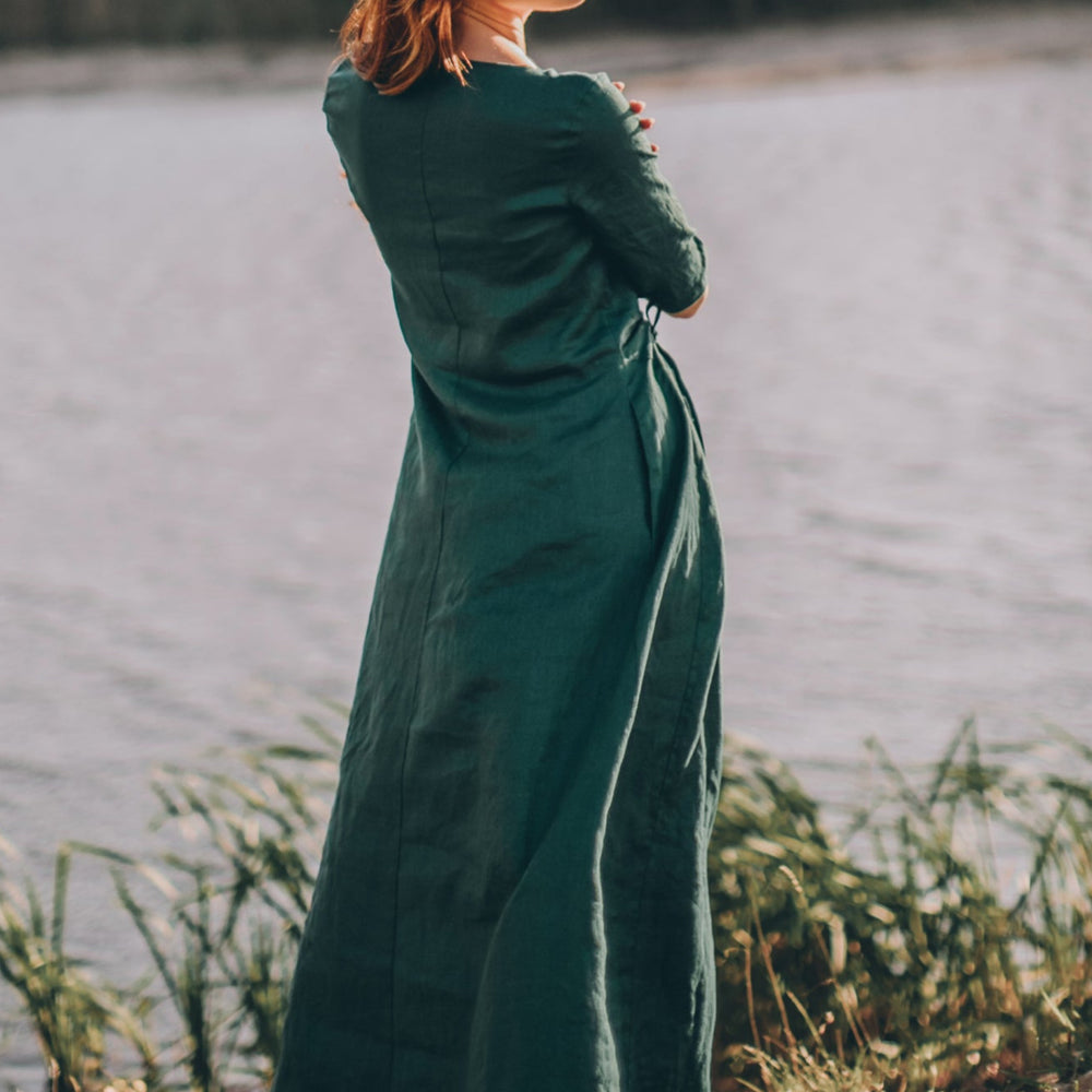 
                      
                        Sleeved Linen Dress with Ruched Waist
                      
                    