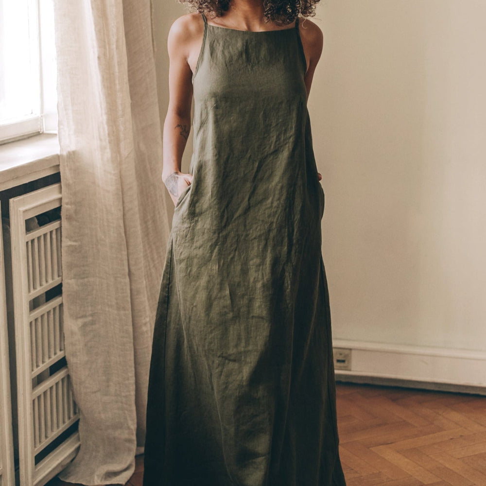 Linen Maxi Dress with Tie Straps - VisibleArtShop