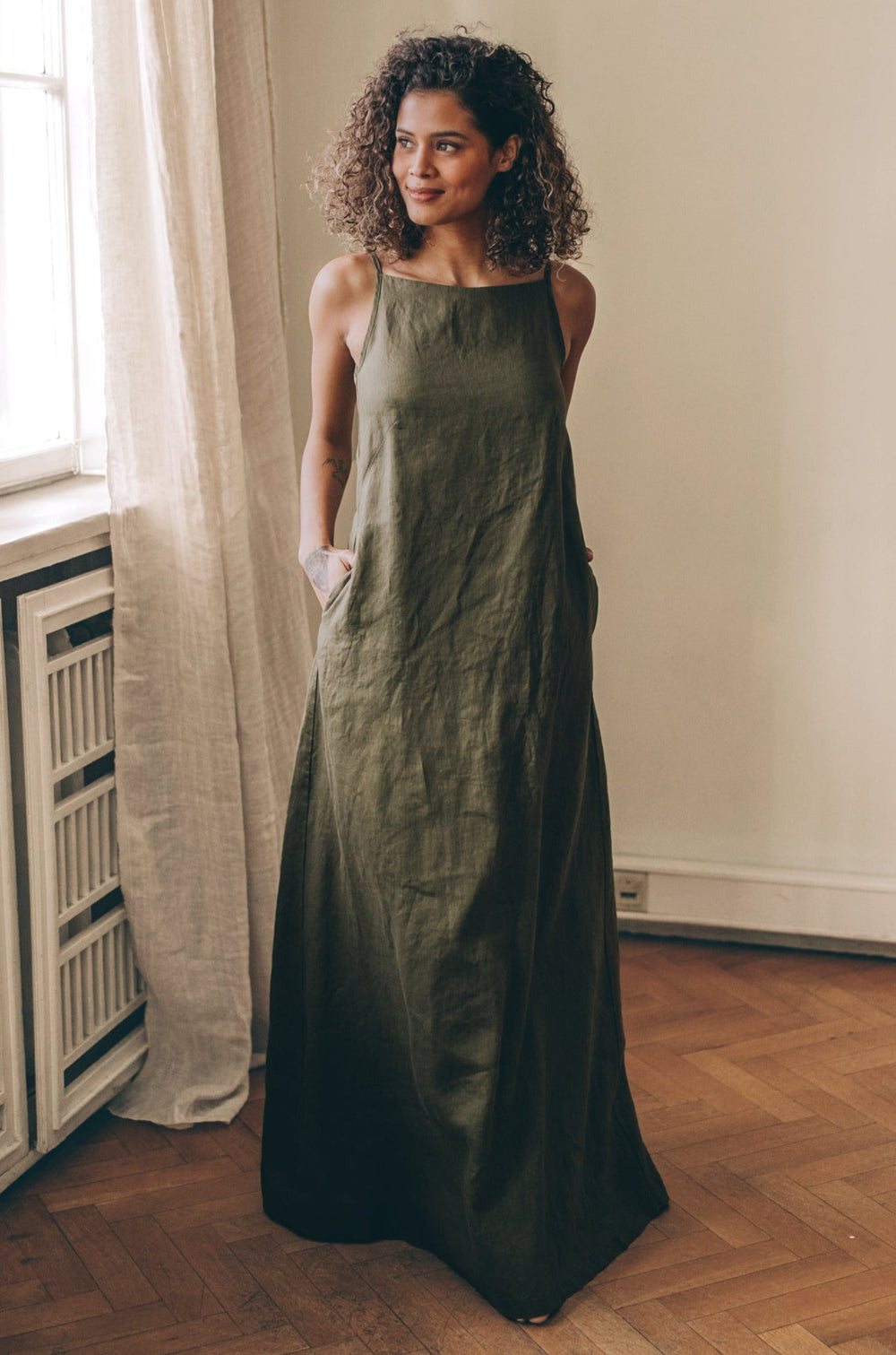 Linen Maxi Dress with Tie Straps - VisibleArtShop