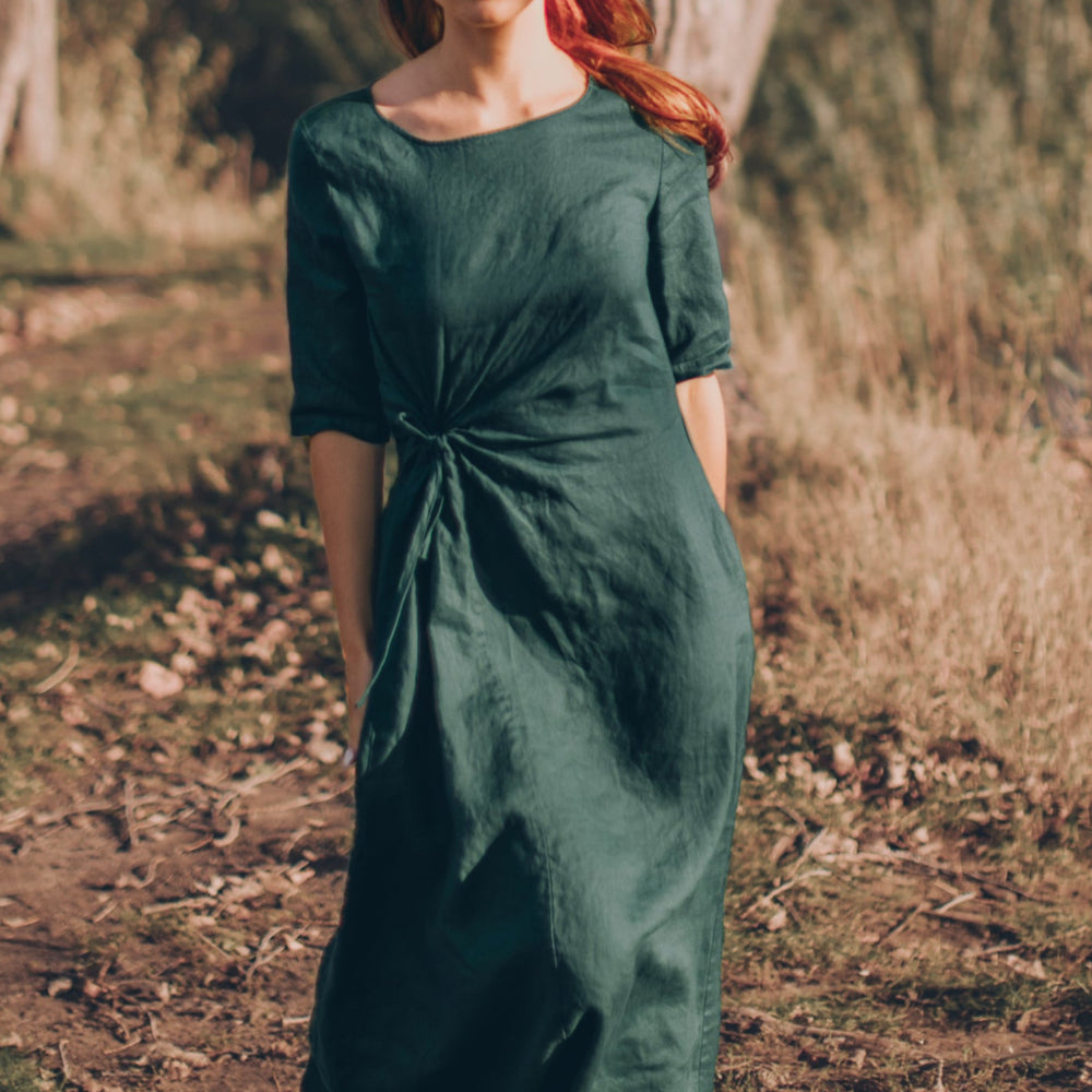 
                      
                        Sleeved Linen Dress with Ruched Waist
                      
                    