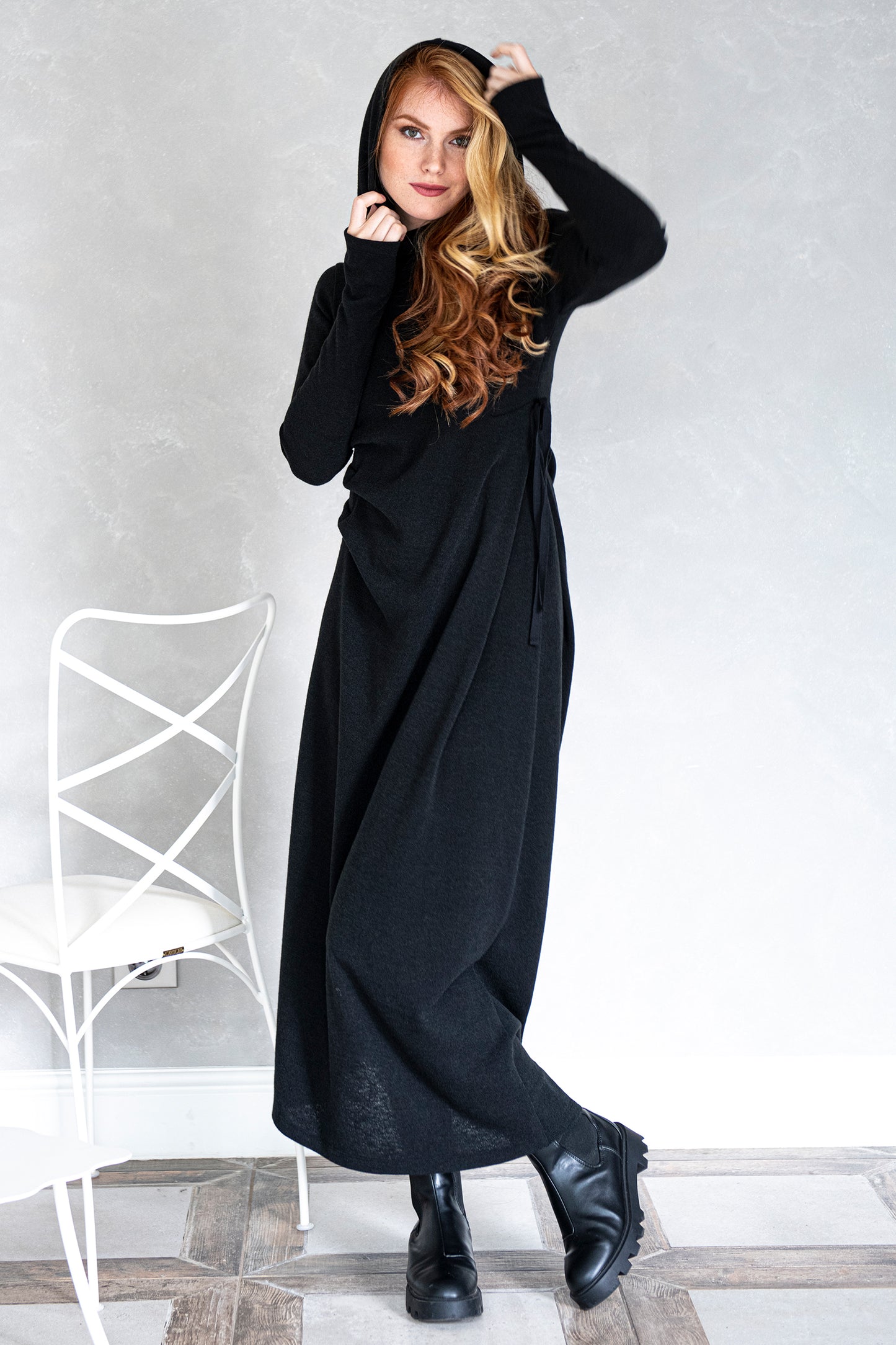 Hooded Knit Dress with Draping - VisibleArtShop