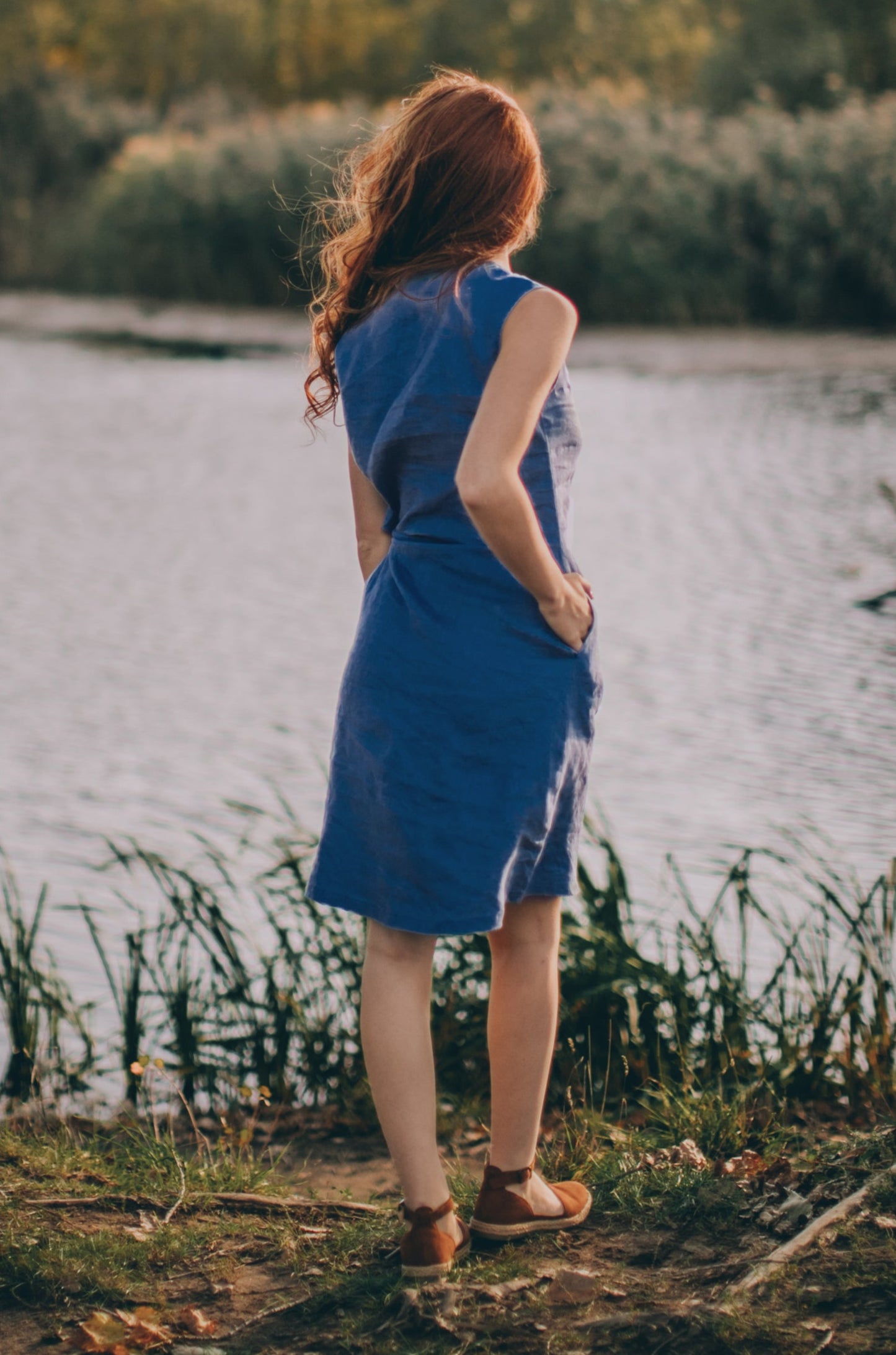 Linen Knee Length Dress with Knot Waist - Elegant Summer Fit VisibleArtShop Linen Knee Length Dress with Knot Waist - Elegant Summer Fit VisibleArtShop