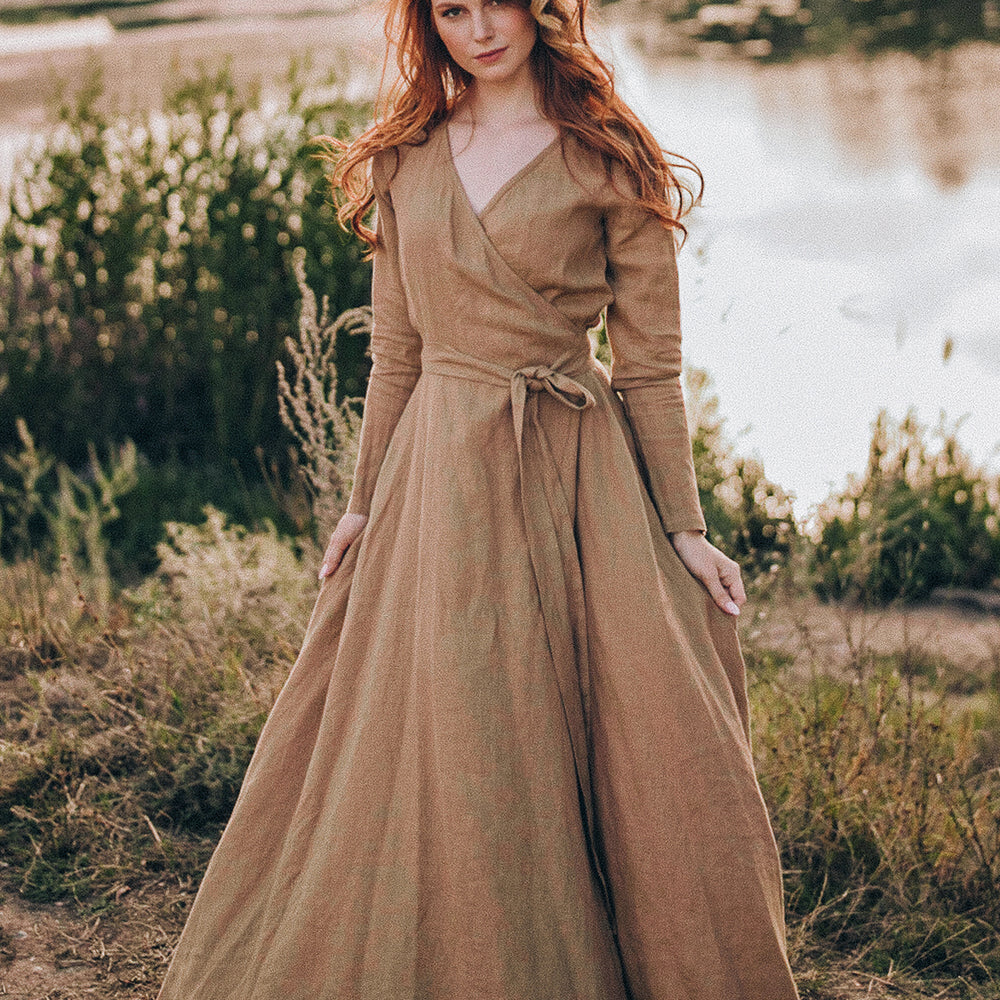 Long Sleeve Wrap Linen Dress - Heavy Linen Maxi Dress - Beige Linen Maxi Dress - Fall Linen Dress - Plus Size Linen Dress
