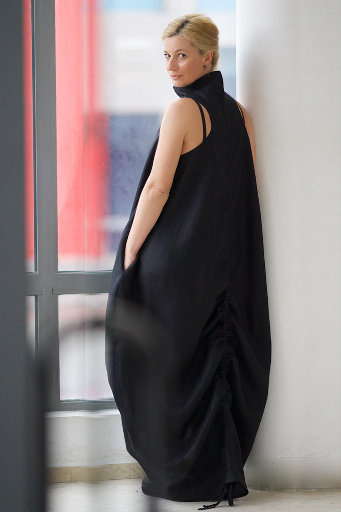 Cowl Neck Linen Dress in Black - VisibleArtShop