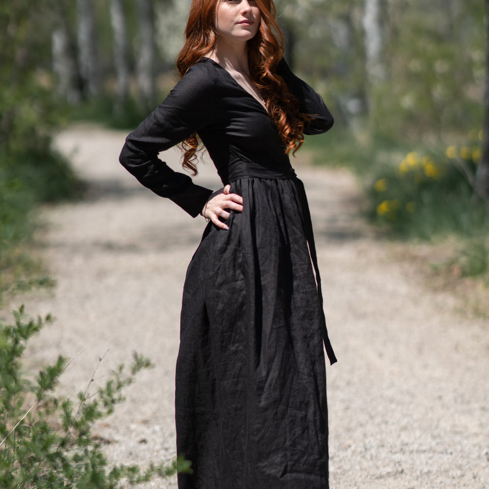 Long Sleeve Linen Wrap Dress - VisibleArtShop