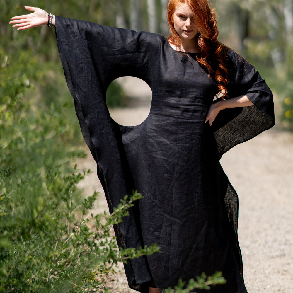 linen batwing dress Extravagant Linen Dress with Batwing 3XL / Gray Melange