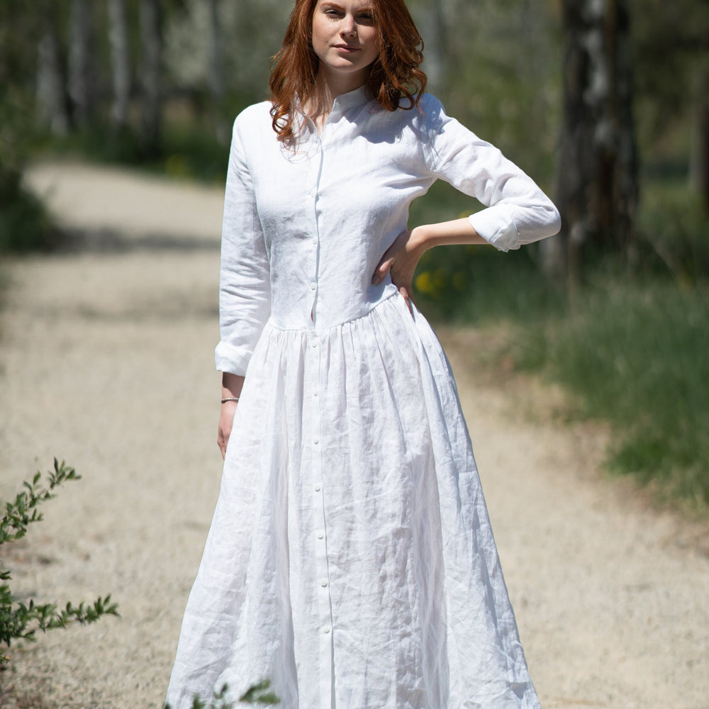 Button Down Linen Dress, Linen Shirt Dress, Modest Dress, Maxi Dress, White Summer Dress, Plus Size Linen Clothing, Plus Size Linen Dress, M