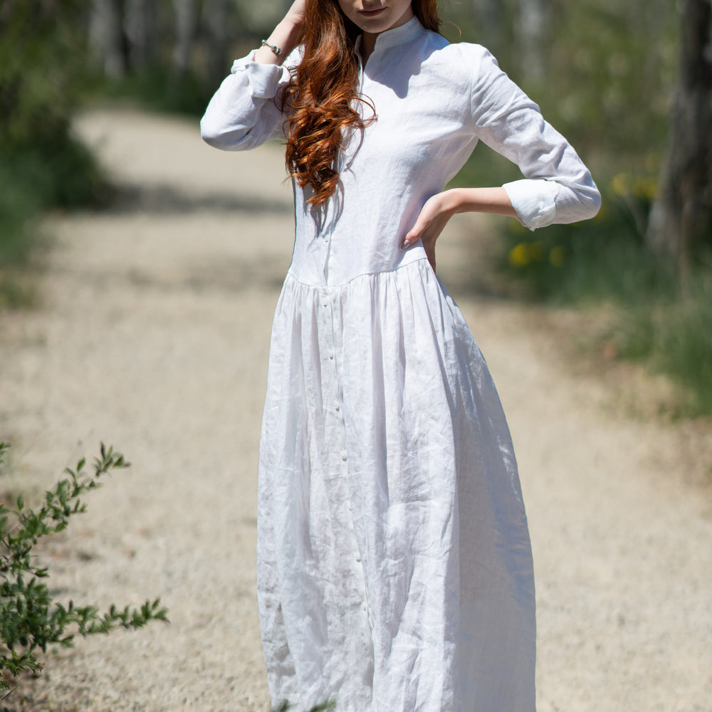 Button Down Linen Dress, Linen Shirt Dress, Modest Dress, Maxi Dress, White Summer Dress, Plus Size Linen Clothing, Plus Size Linen Dress, M