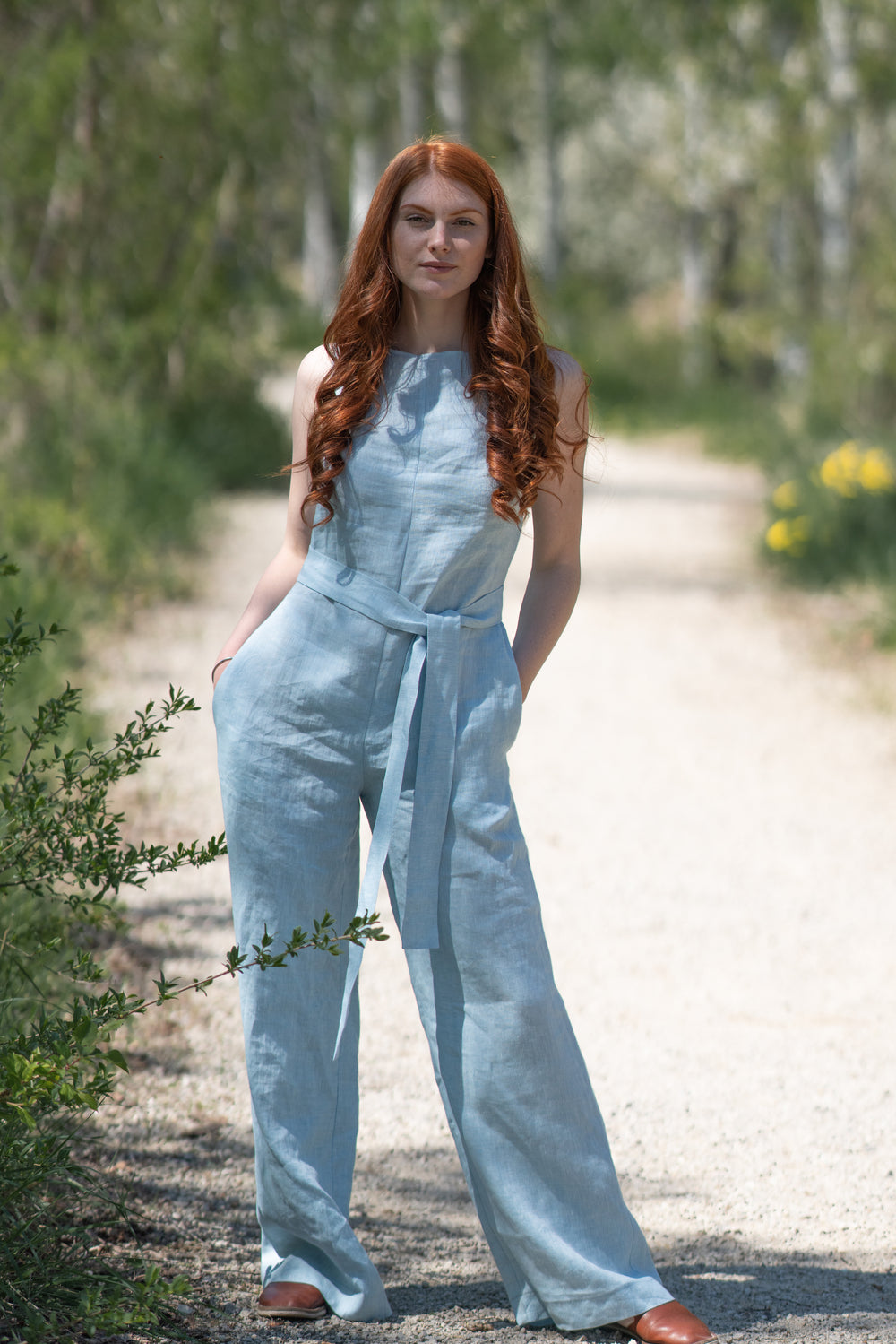 Linen Jumpsuit with Tie Belt - VisibleArtShop