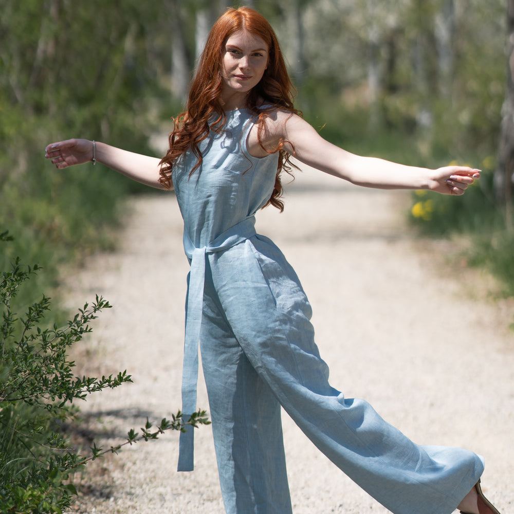 Linen Jumpsuit with Tie Belt, VisibleArtShop