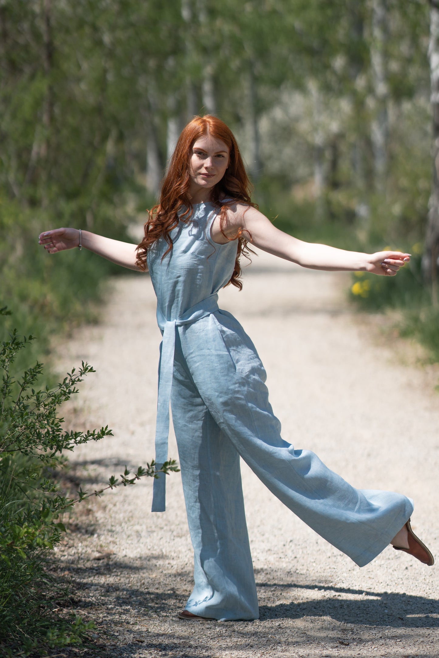 Linen Jumpsuit with Tie Belt - VisibleArtShop