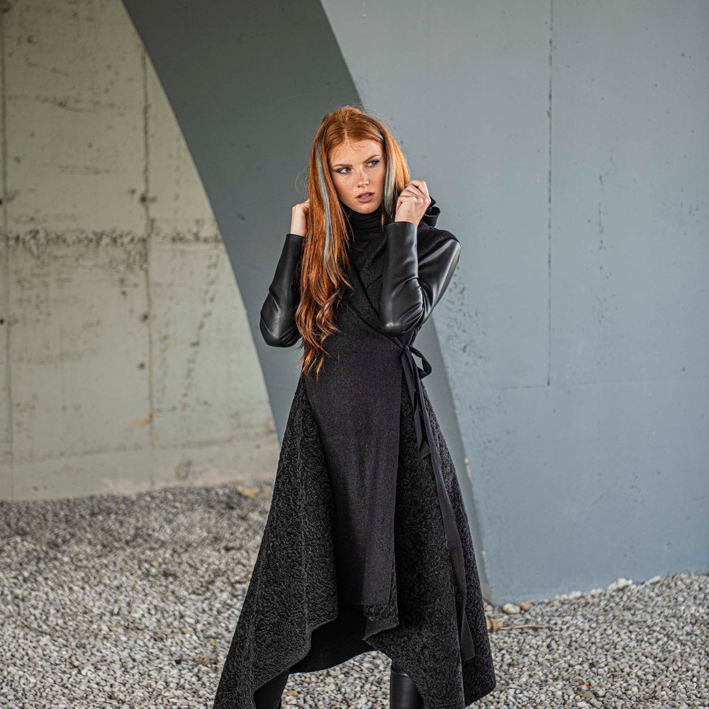 Hooded Asymmetric Black Coat - VisibleArtShop