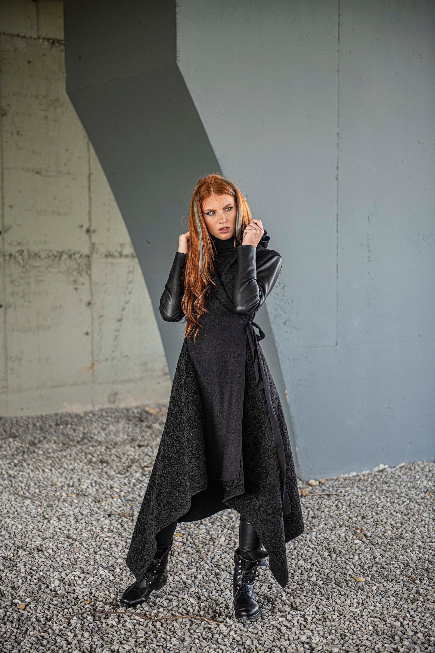 Hooded Asymmetric Black Coat - VisibleArtShop