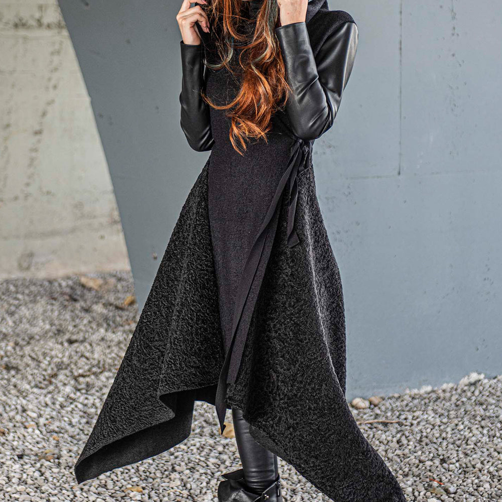 Hooded Asymmetric Black Coat - VisibleArtShop