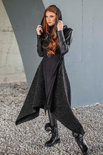 Hooded Asymmetric Black Coat - VisibleArtShop