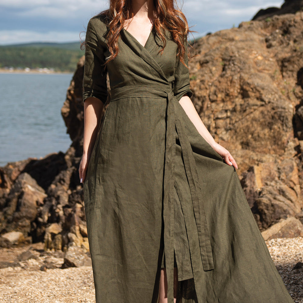 Linen A-Line Dress with Tie Waist - VisibleArtShop