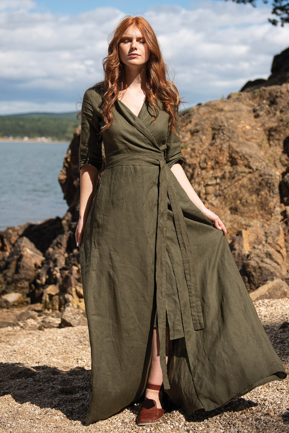 Linen A-Line Dress with Tie Waist - VisibleArtShop