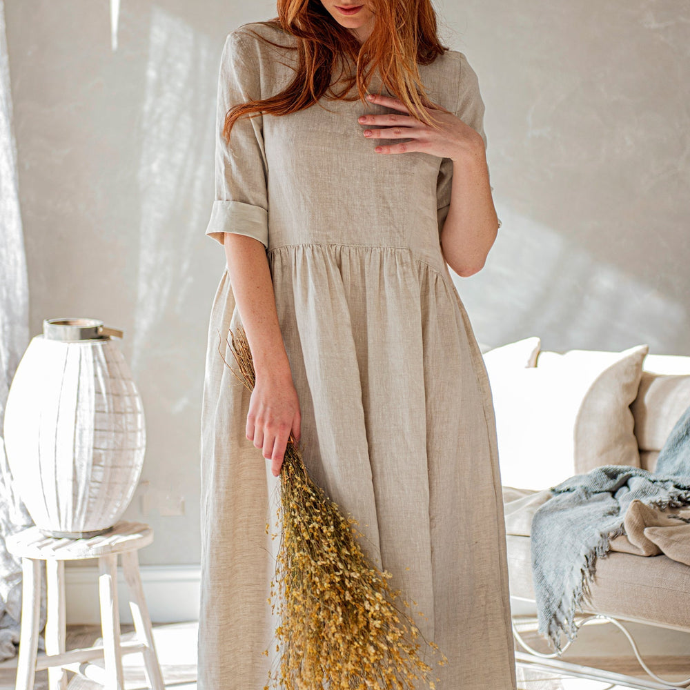 linen smock dress australia Handmade Maxi Linen Smock Dress, Relaxed Fit, Raglan Sleeve