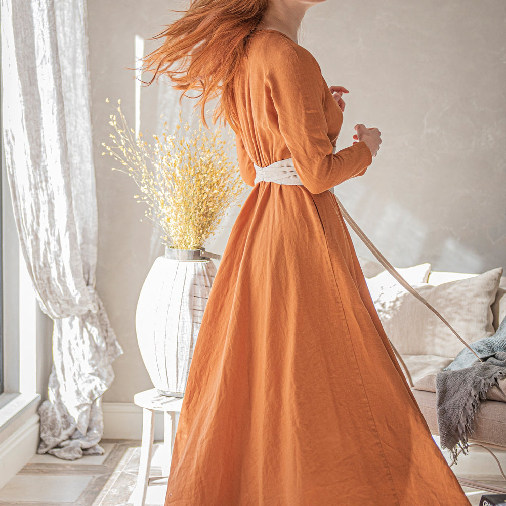 
                      
                        Heavy Linen Wrap Dress with Waist Belt, VisibleArtShop
                      
                    