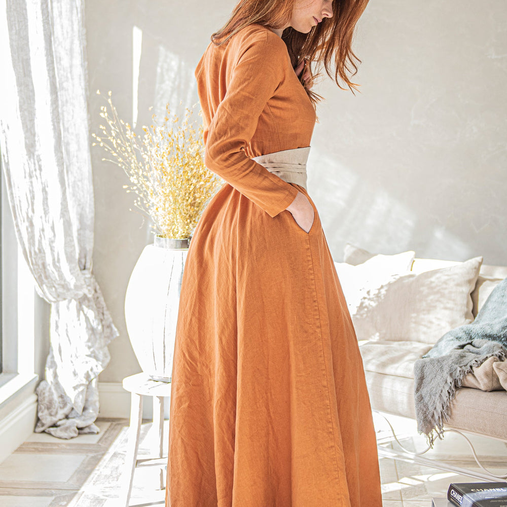 
                      
                        Heavy Linen Wrap Dress with Waist Belt, VisibleArtShop
                      
                    