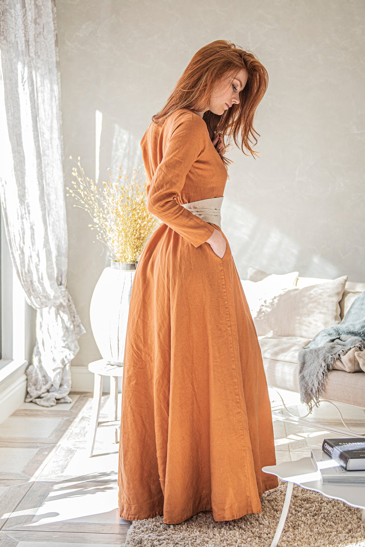 Heavy Linen Wrap Dress with Waist Belt, VisibleArtShop