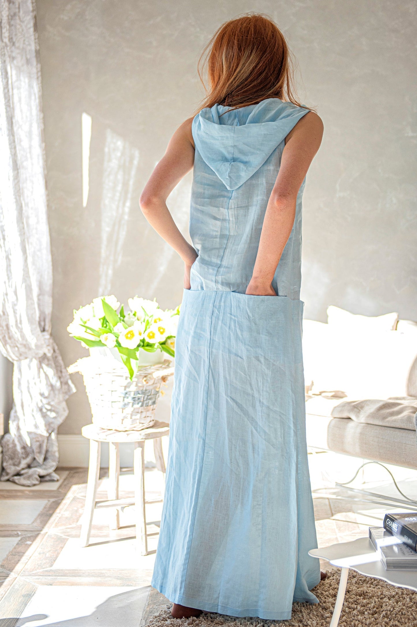 Hooded Linen Dress with Pockets, Summer Linen Dress, Sleeveless Linen Dress, Simple Long Linen Dress, 3XL / White Hooded Linen Dress with Pockets, Summer Linen Dress, Sleeveless Linen Dress, Simple Long Linen Dress, 3XL / White