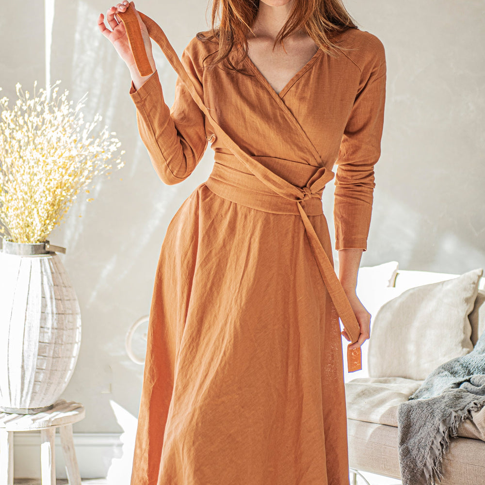 
                      
                        Heavy Linen Wrap Dress with Waist Belt, VisibleArtShop
                      
                    
