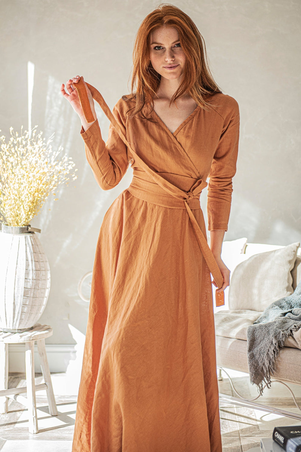 Heavy Linen Wrap Dress with Waist Belt, Long Wrap Linen Dress, Long Sleeve Linen Dress, Plus Size Linen Dress, Women Linen Dress, 2XL / Night Blue