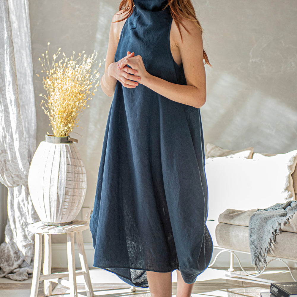 Cowl Neck Linen Dress in Midi Length - VisibleArtShop