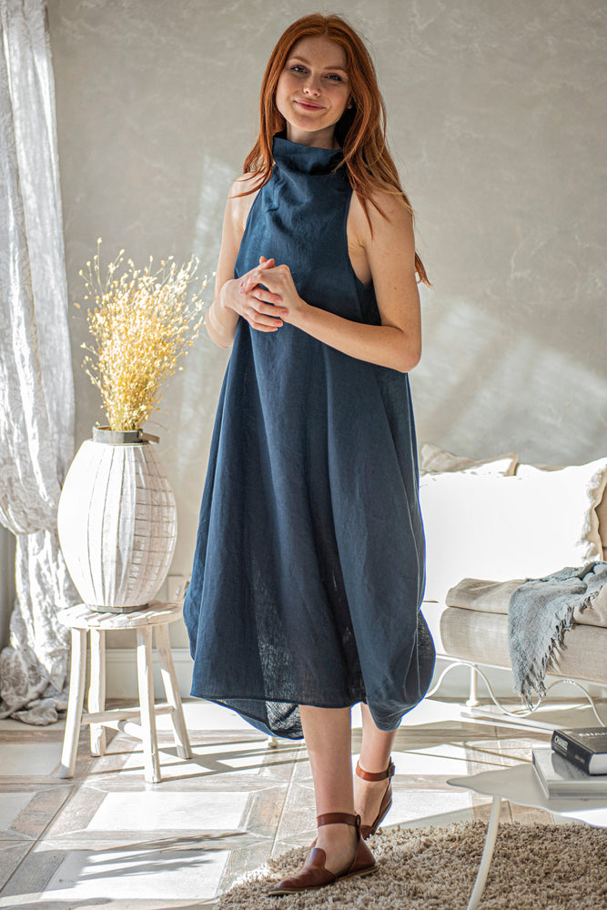 Cowl Neck Linen Dress in Midi Length - VisibleArtShop